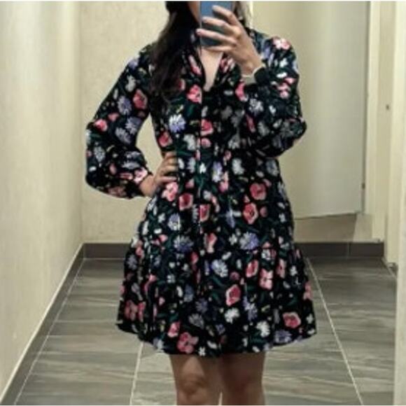 Kate Spade Black Floral Babydoll Mini Dress MEDIUM Bow Work Preppy Designer $300 - Picture 4 of 12